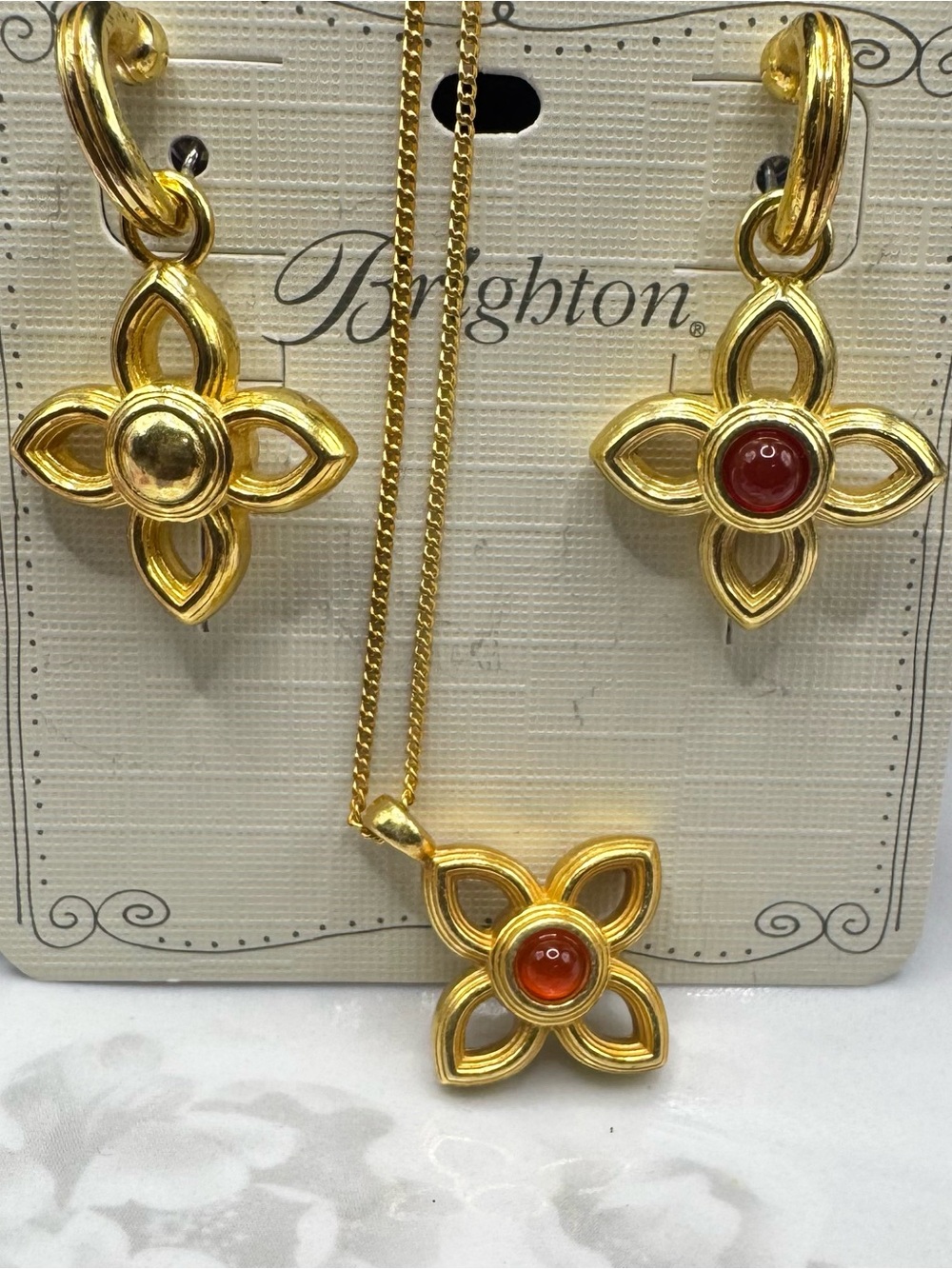 Brighton Venetian Gems Gold Tone Necklace and Earring Set with Red Cabochons
